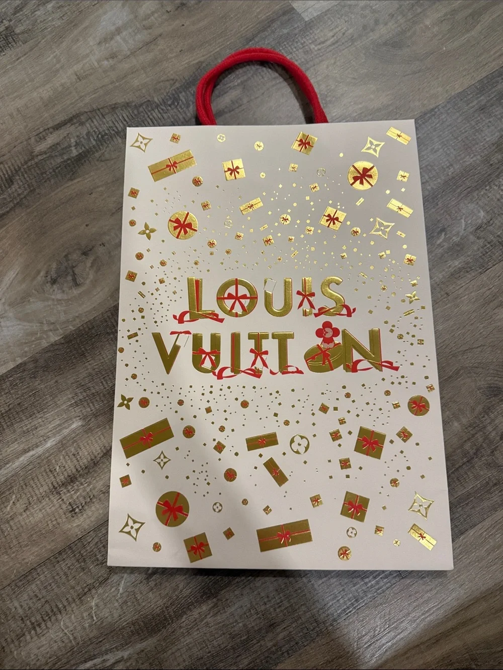 Louis Vuitton White Gift Bag with Gold Foil and Red Handles